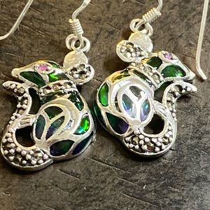 Enamel Mouse Sterling Silver Marcasite Ruby eyes Dangle pierced earrings